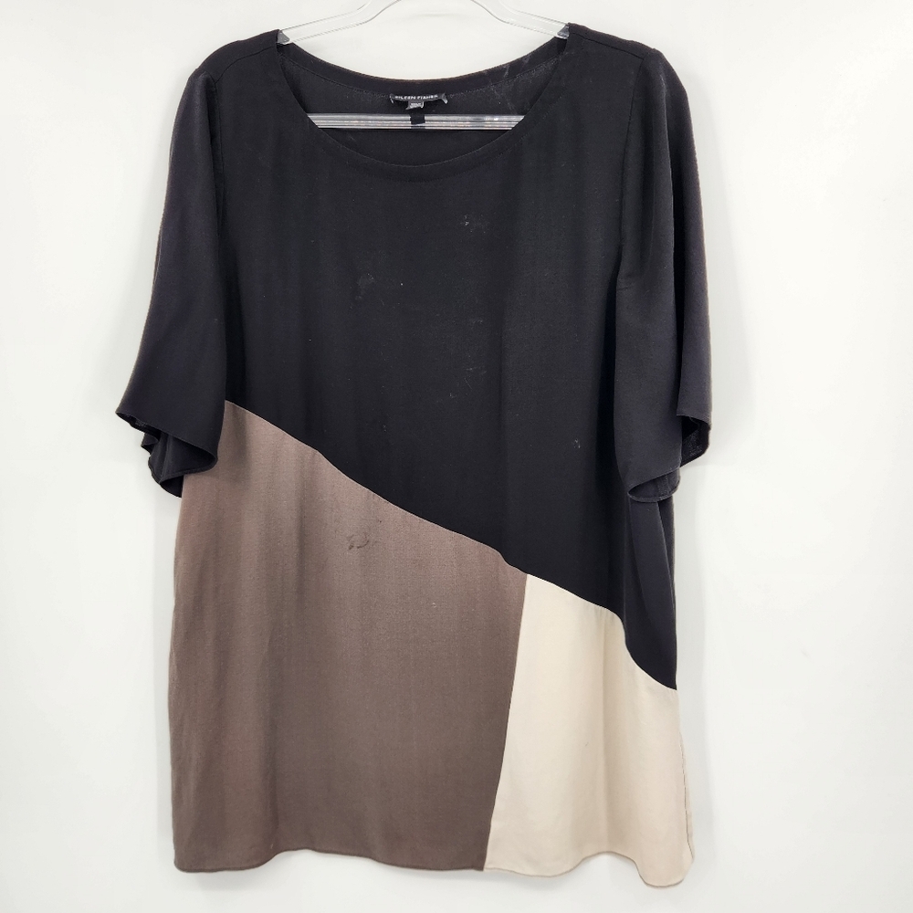 Eileen Fisher Short Sleeve Boxy Pullover Blouse Womens Size Large Black Tan